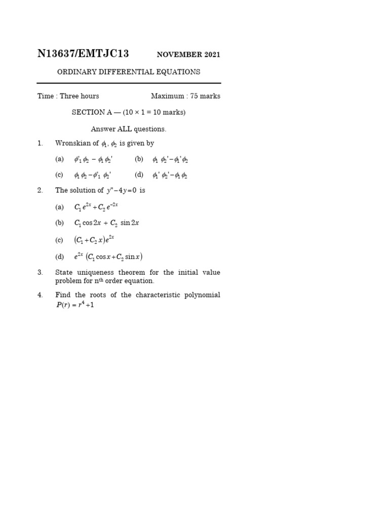 Ordinary Differential Equations Exam 2021 | PDF | Ordinary Differential ...