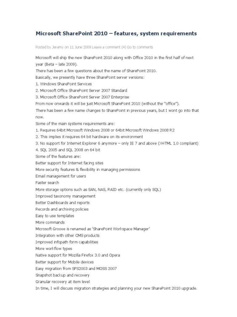 SharePoint 2010 Features and Requirements | PDF