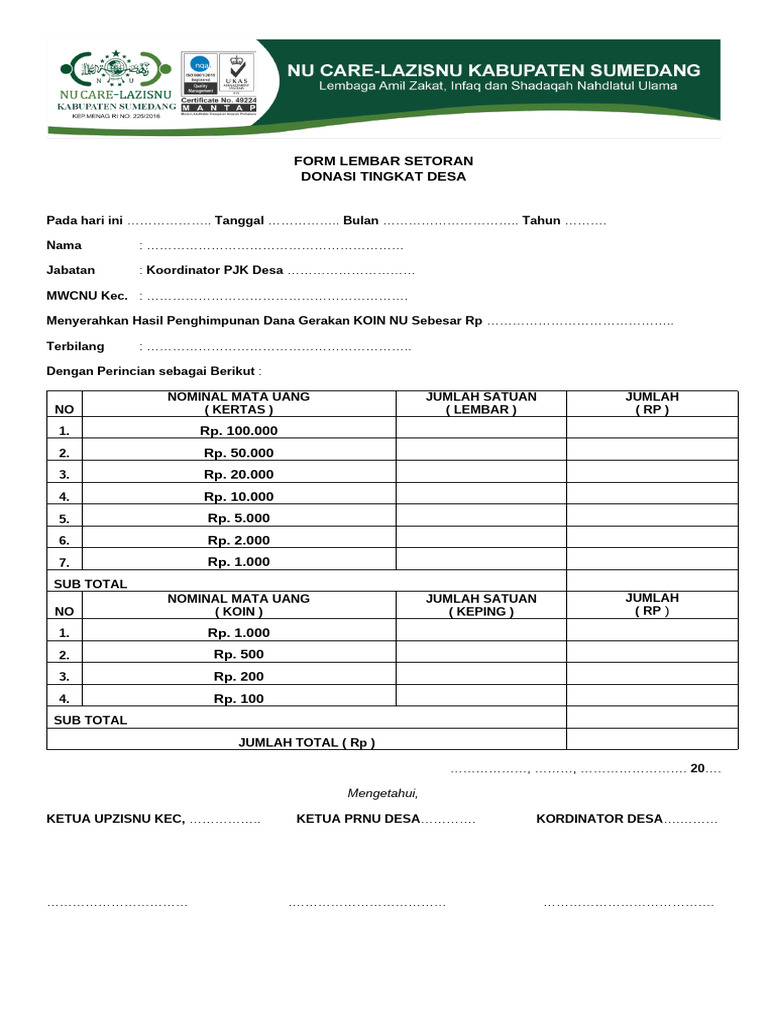 Form Setoran Donasi KOIN NU Desa | PDF