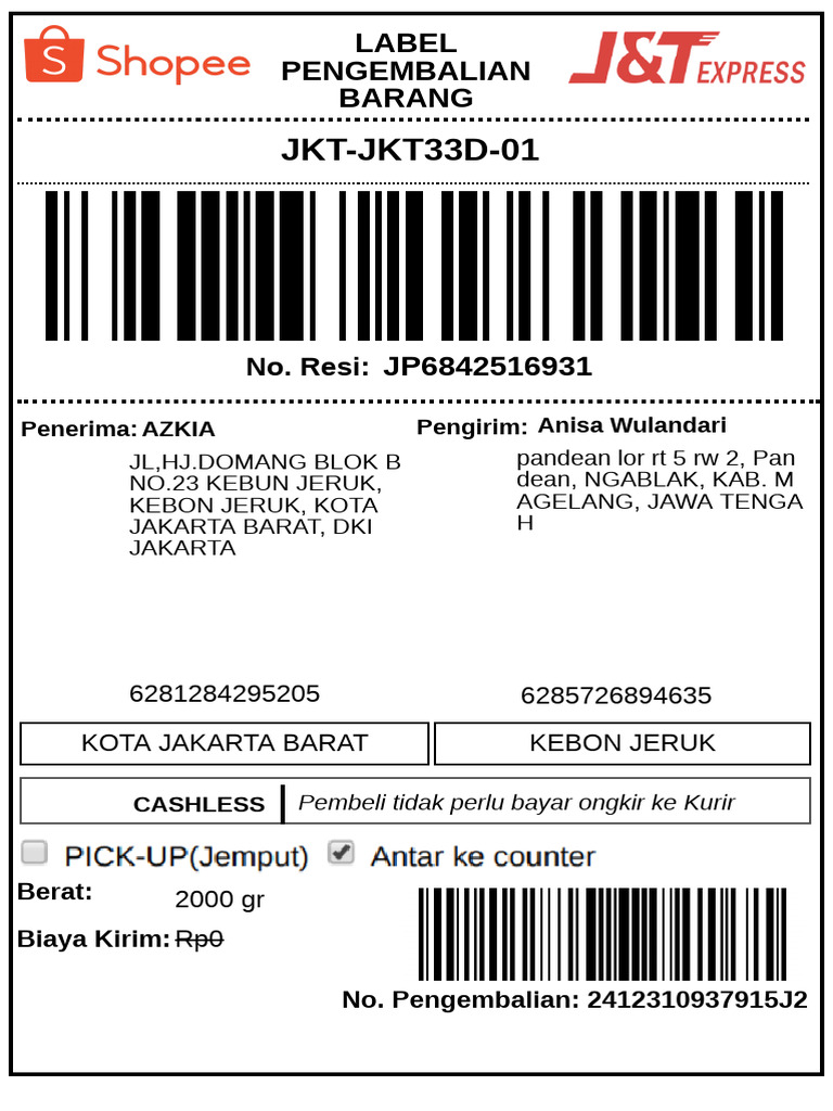 Contoh Resi Pengembalian Barang | PDF