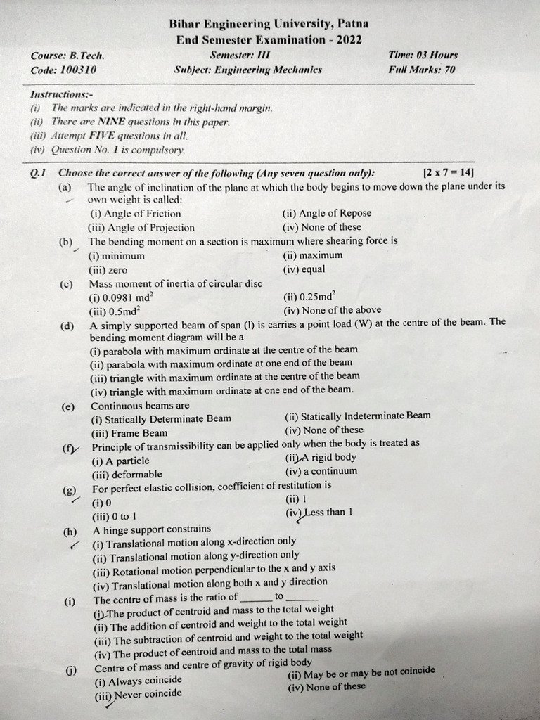 Engineering Mechanics Exam Paper 2022 | PDF | Force | Beam (Structure)