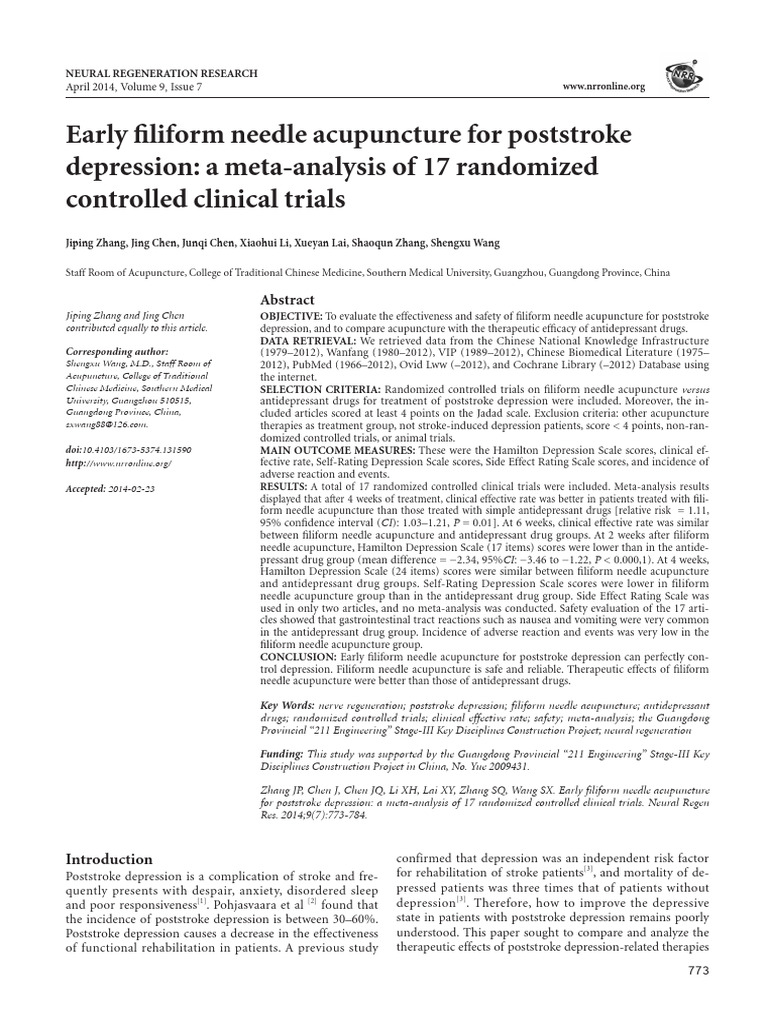 Early Filiform Needle Acupuncture For Poststroke Depression A Meta ...