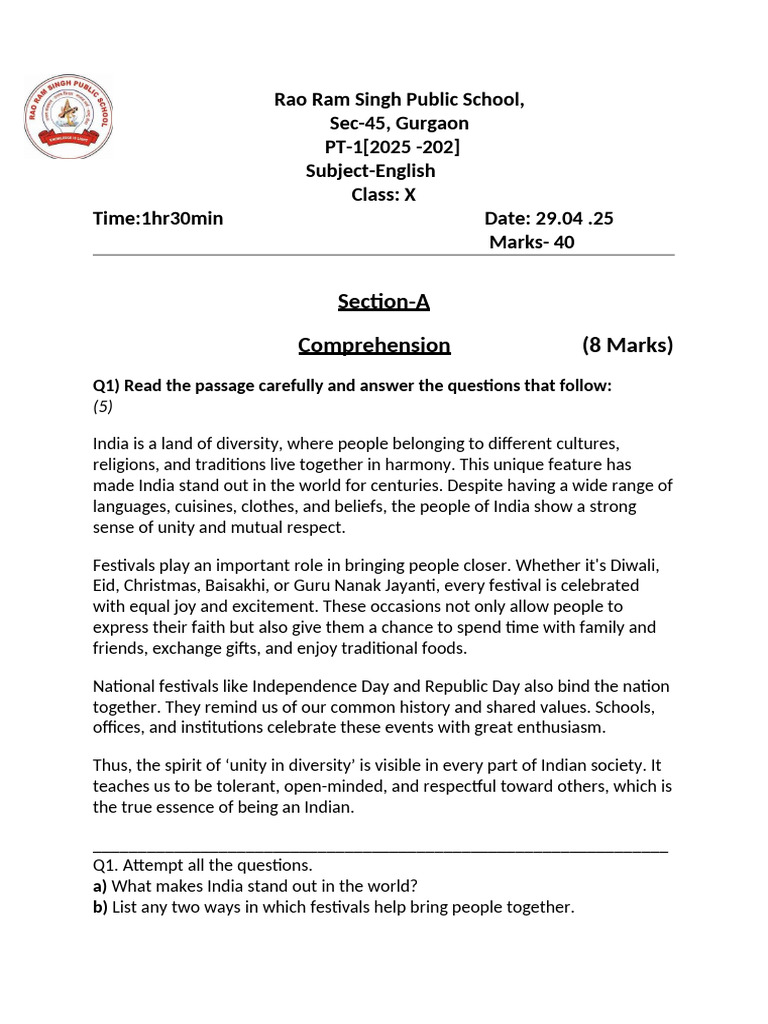 Class X English PT-1 Exam Paper 2025 | PDF | Festival