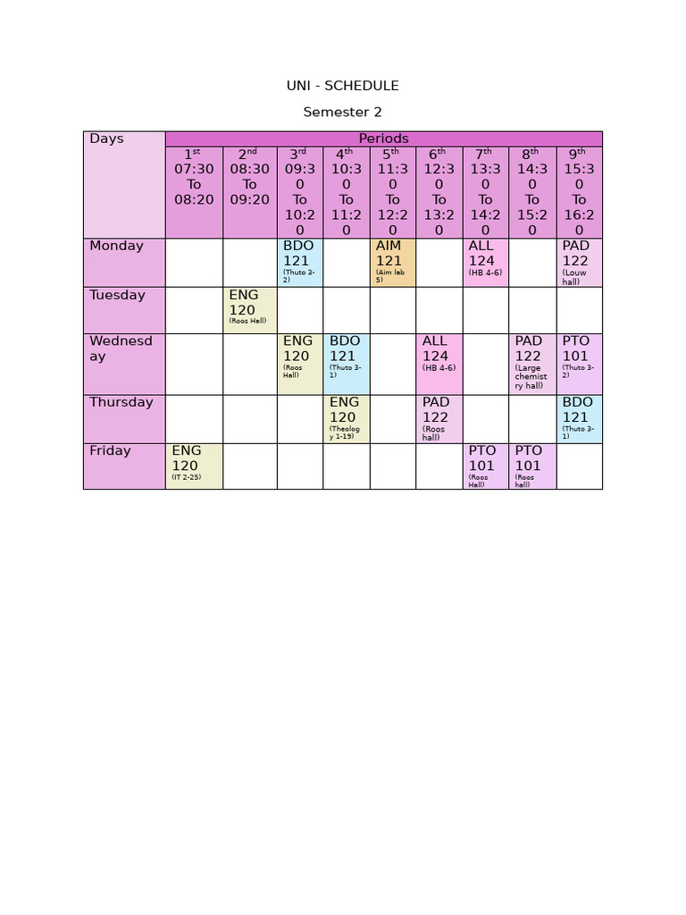 Tania First Year Second Semester Timtable | PDF