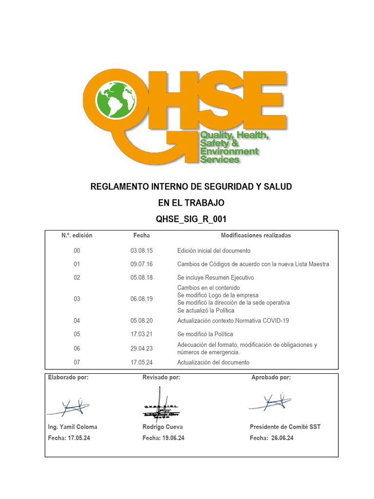 QHSE - SIG - R - 001 Reglamento Interno de SST | PDF | Seguridad y ...