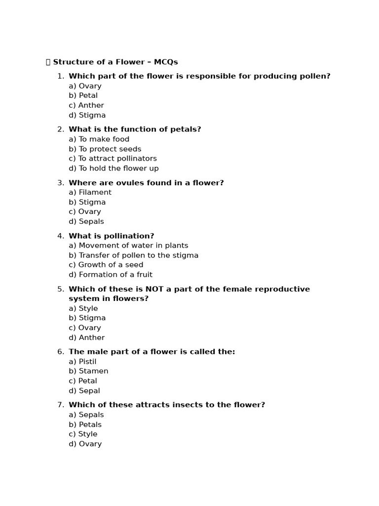 Flower Structure MCQs for Students | PDF | Flowers | Petal