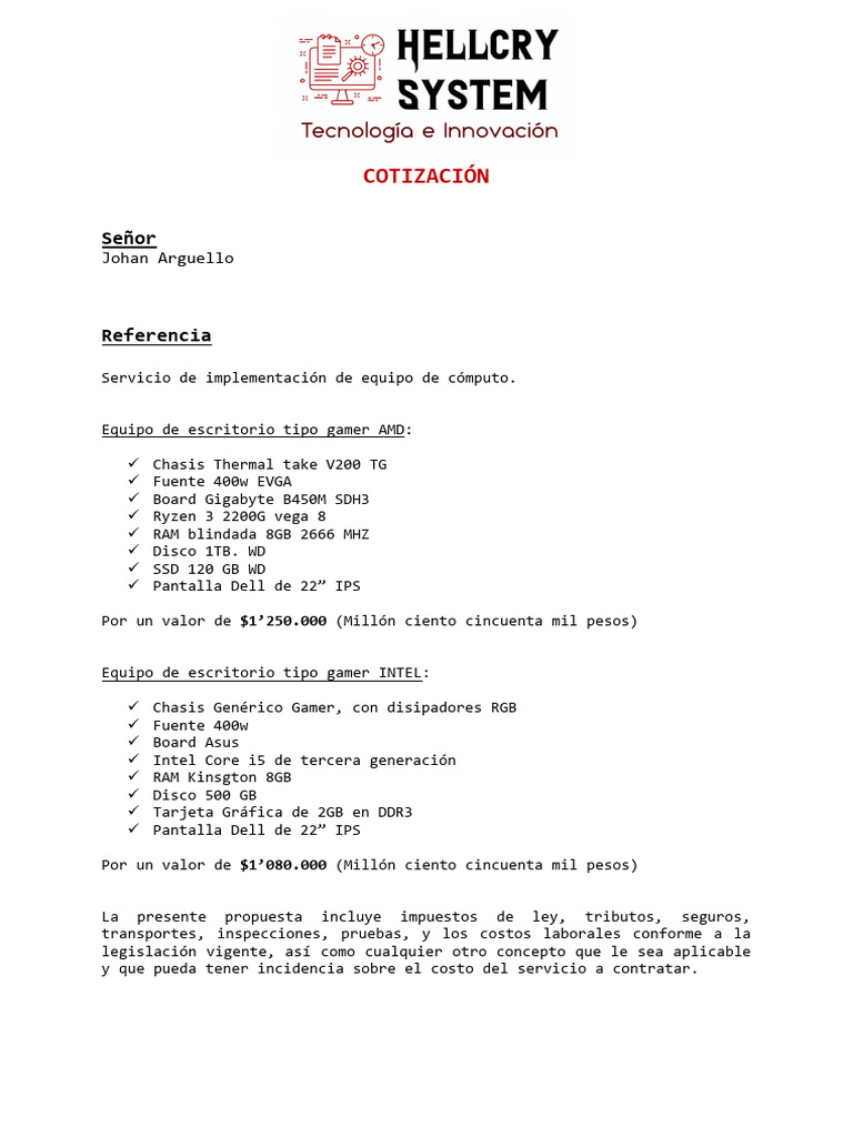 Cotización de Equipos de Cómputo Gamer | PDF