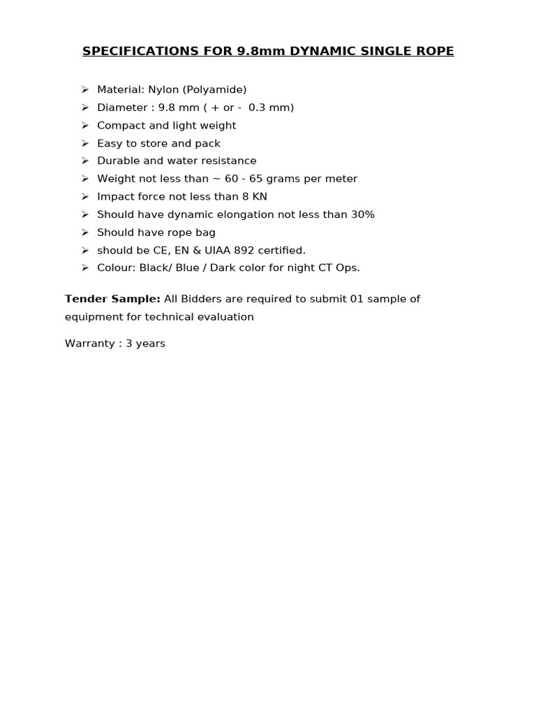9.8mm Dynamic Single Rope Specifications | PDF | Rope | Manufactured Goods