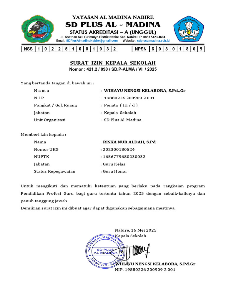 421.2-090-Sd.p-alma-Vii-2025 Surat Ijin Kepala Sekolah Ikut PPG Bu ...