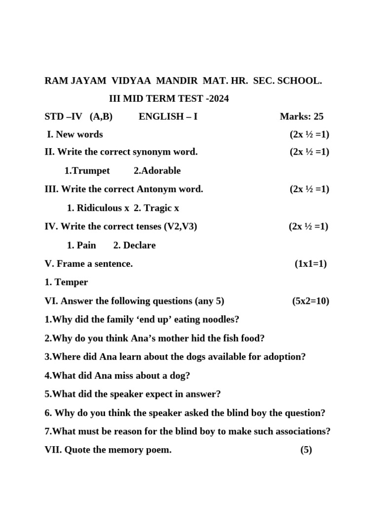 IV Grade English Mid Term Test 2024 | PDF