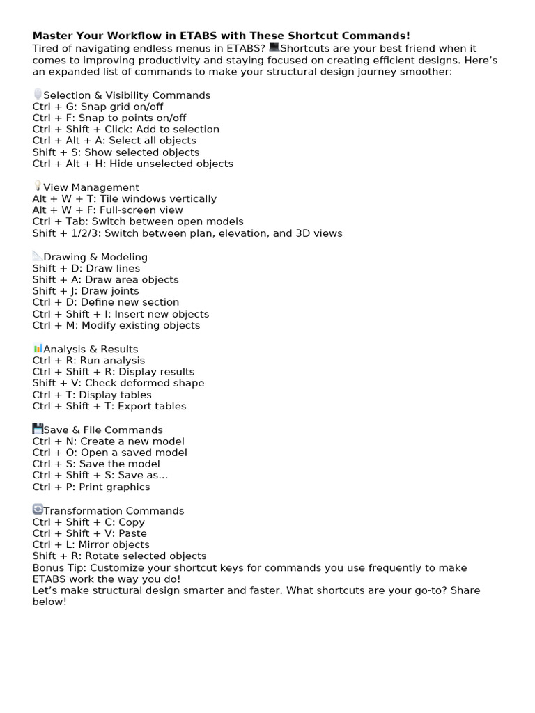 ETABS Shortcut Commands for Efficiency | PDF