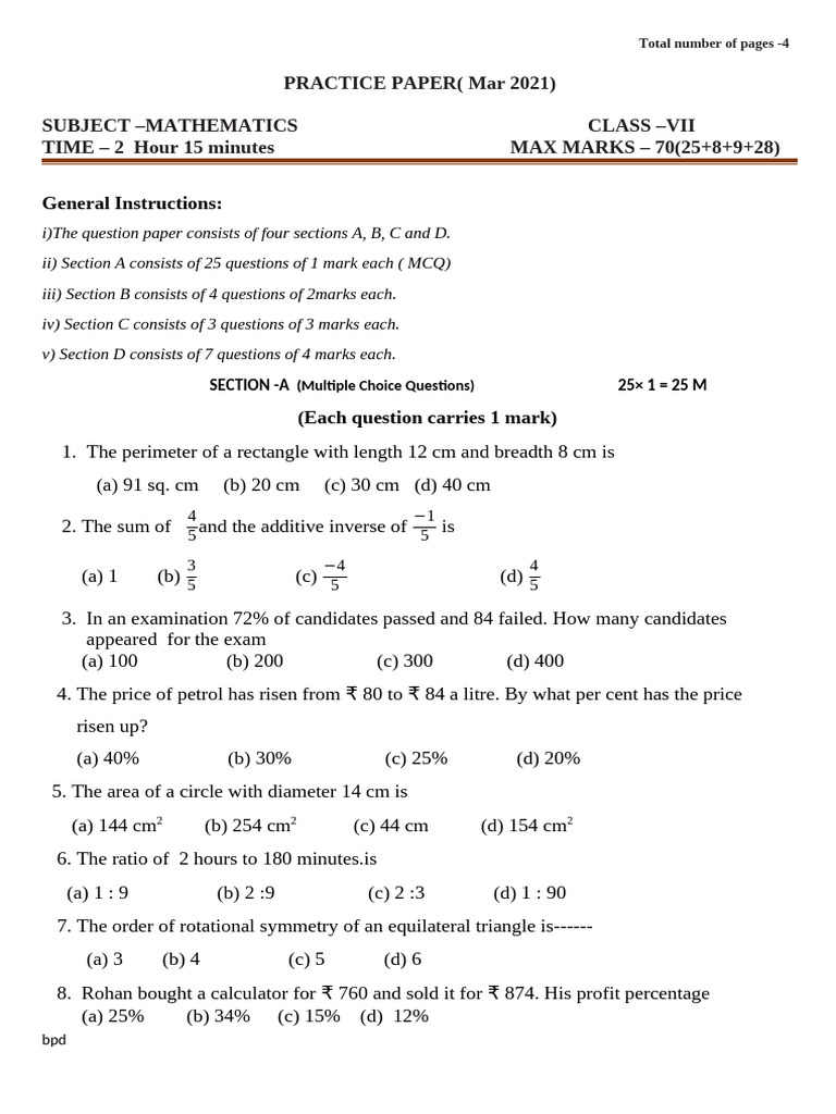 Class 7 Mathematics Practice Paper | PDF | Area | Geometric Shapes