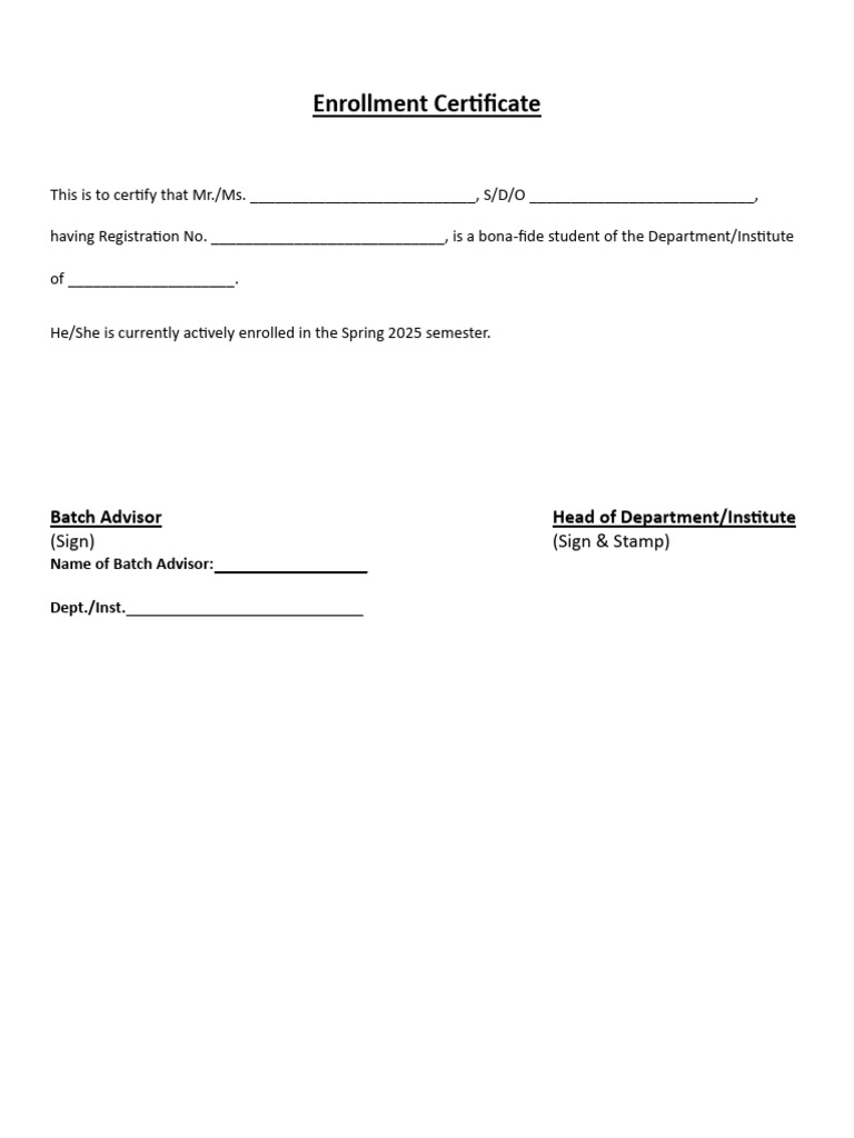 Enrollment Certificate Sample Template | PDF