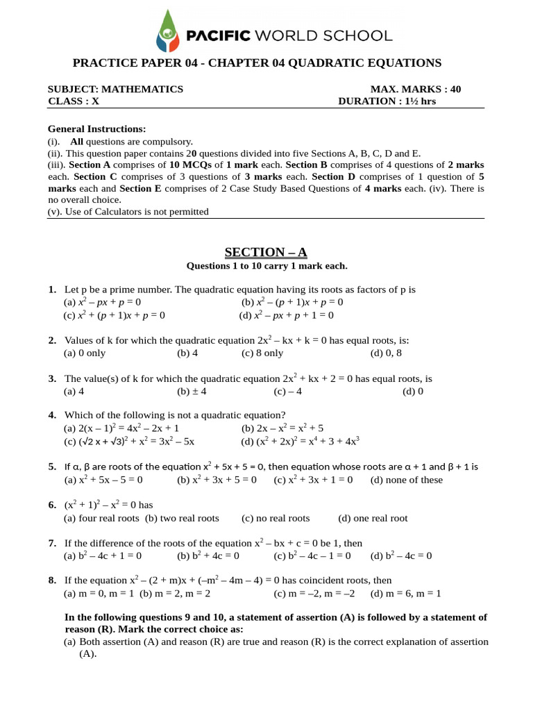 Quadratic Equations Practice Paper | PDF | Quadratic Equation | Mathematics