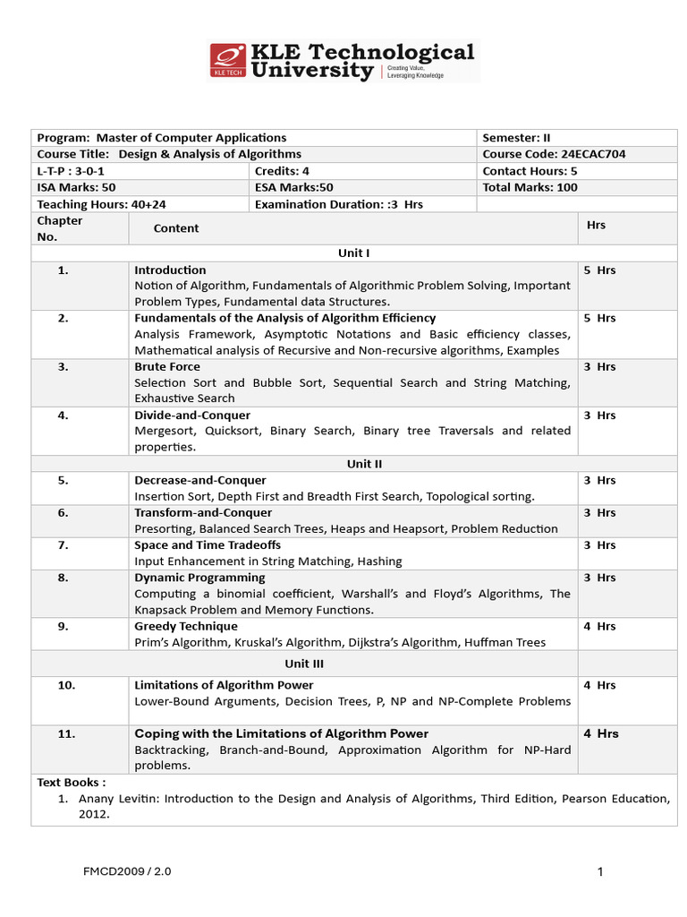 DAA MCA Syllabus 2024 26 Batch | PDF | Computer Science | Computer ...