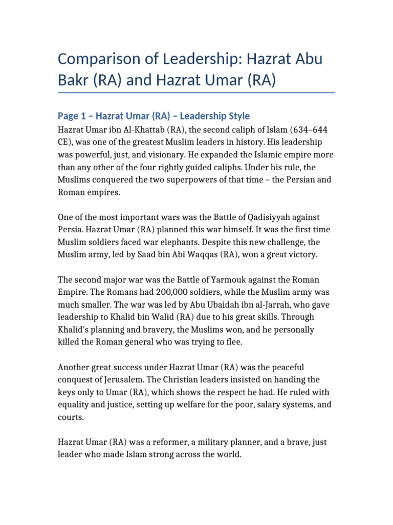 Leadership Styles of Abu Bakr and Umar | PDF | Umar | Middle Ages