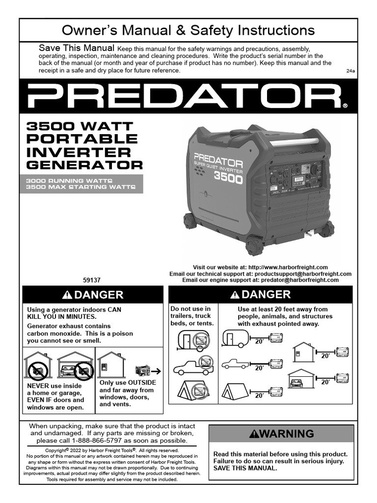Predator 3500 Inverter Generator Manual | PDF | Electrician | Electric ...