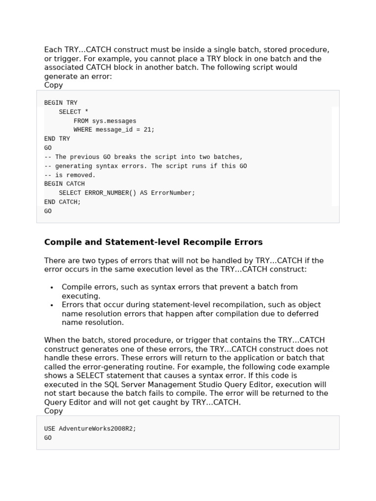 SQL Server TRY...CATCH Usage Guide | PDF | Compiler | Microsoft Sql Server
