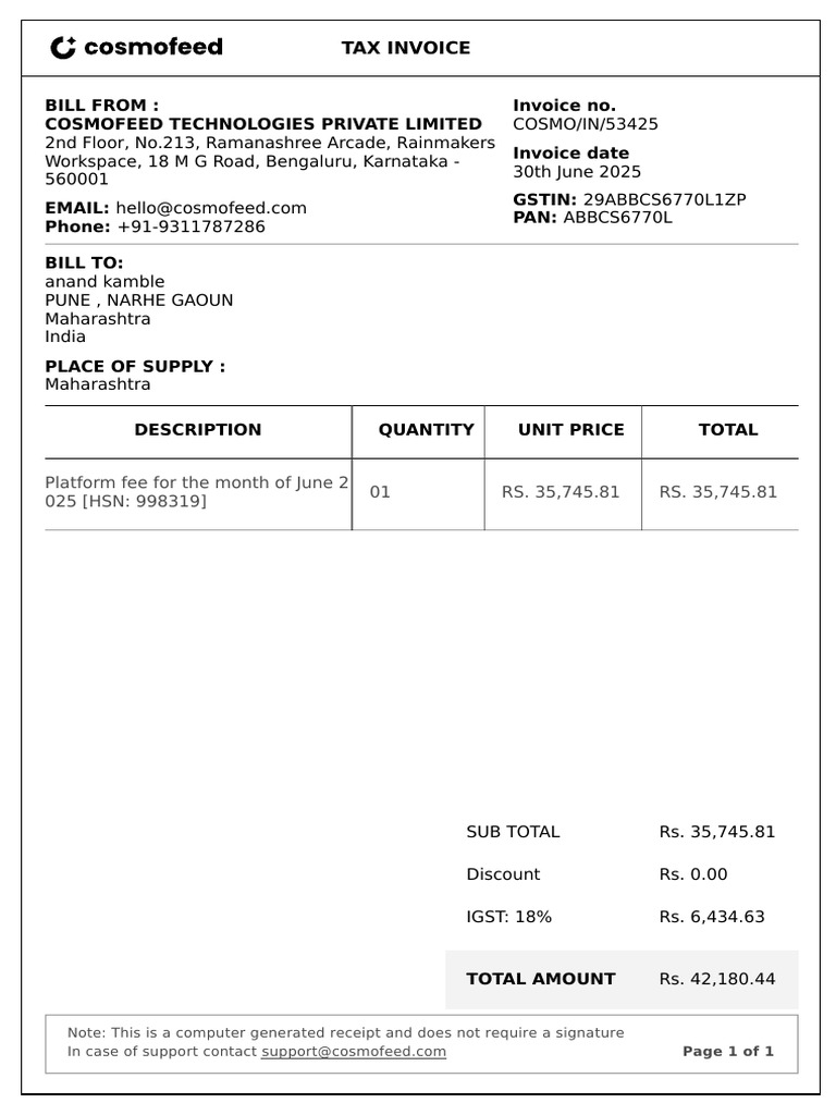 Bill From: Cosmofeed Technologies Private Limited Invoice No. Invoice ...