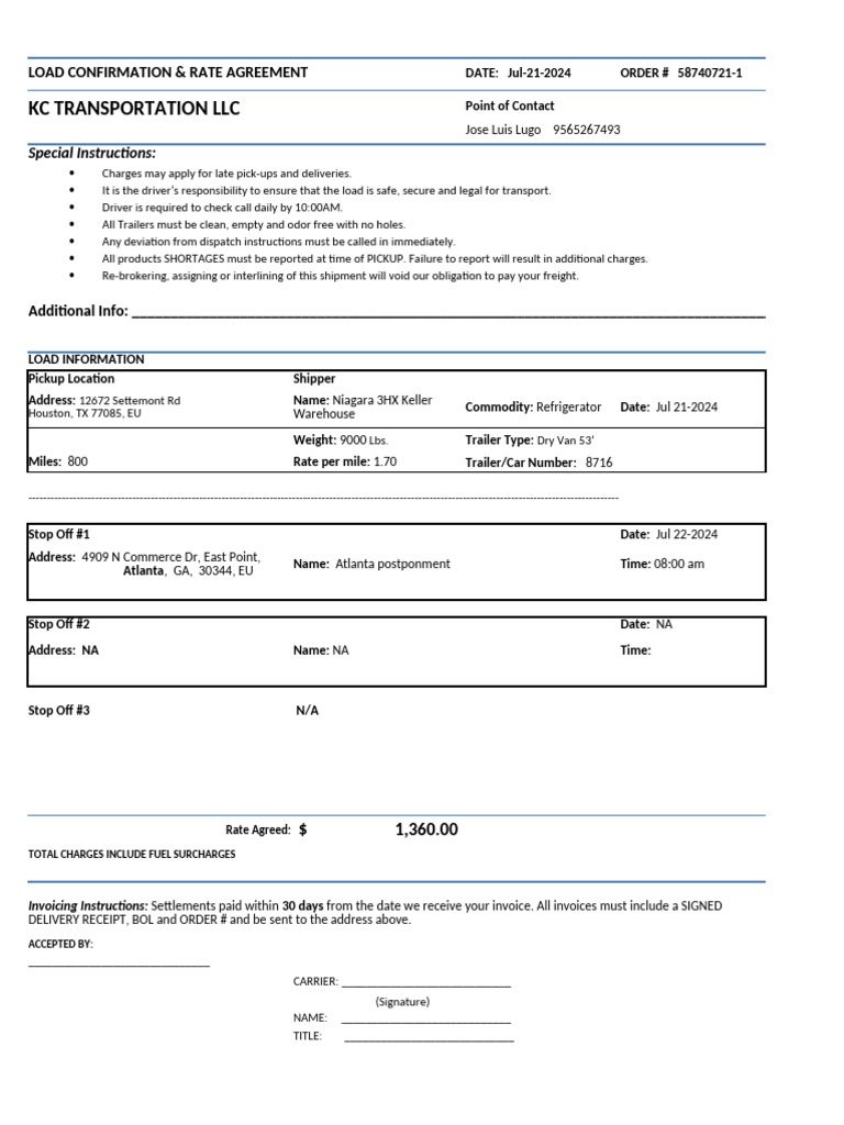Load Confirmation for KC Transport LLC | PDF | Cargo | Supply Chain ...