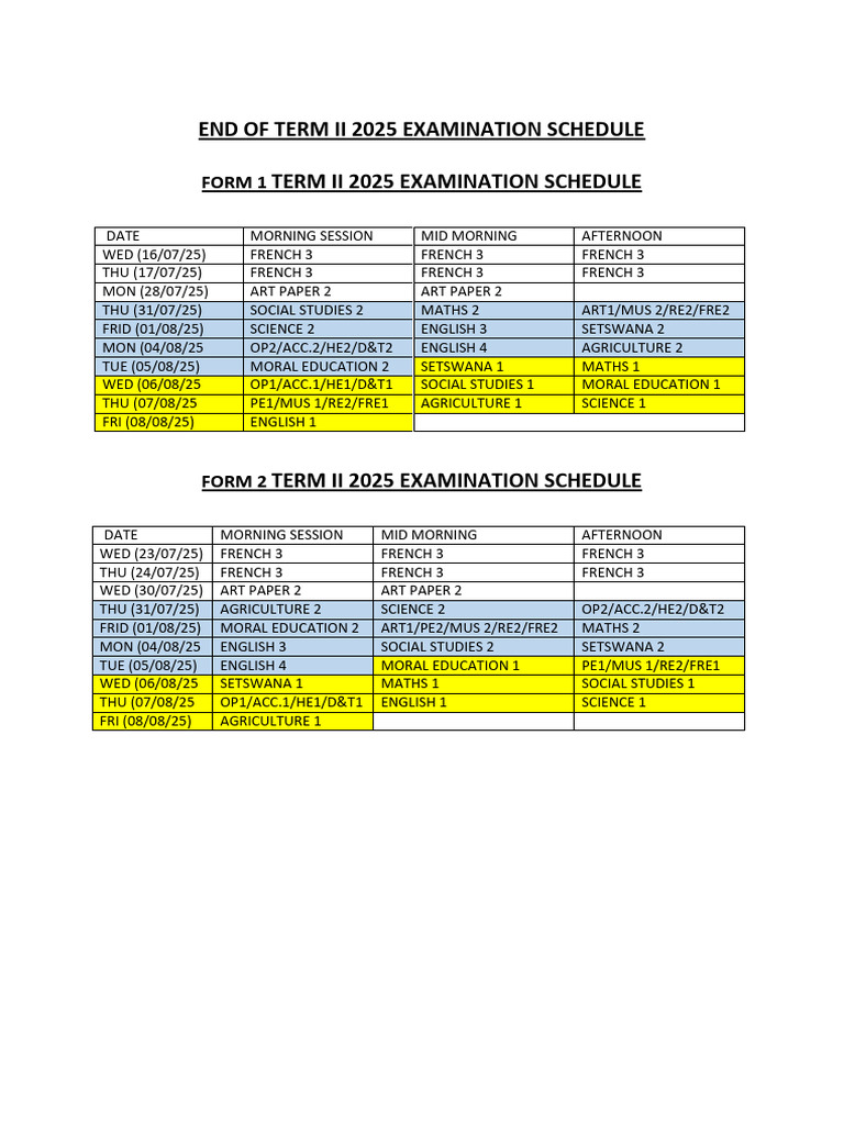 End of Term II 2025 Examination Schedule Amended | PDF