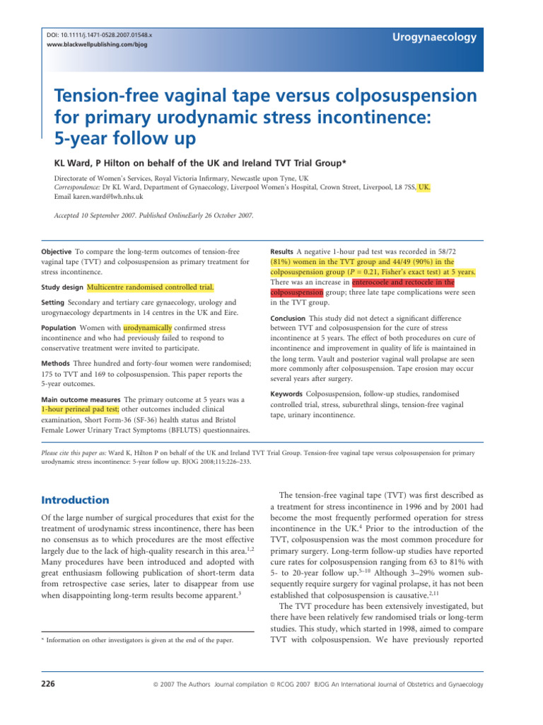 TVT vs Colposuspension: 5-Year Outcomes | PDF | Urinary Incontinence ...