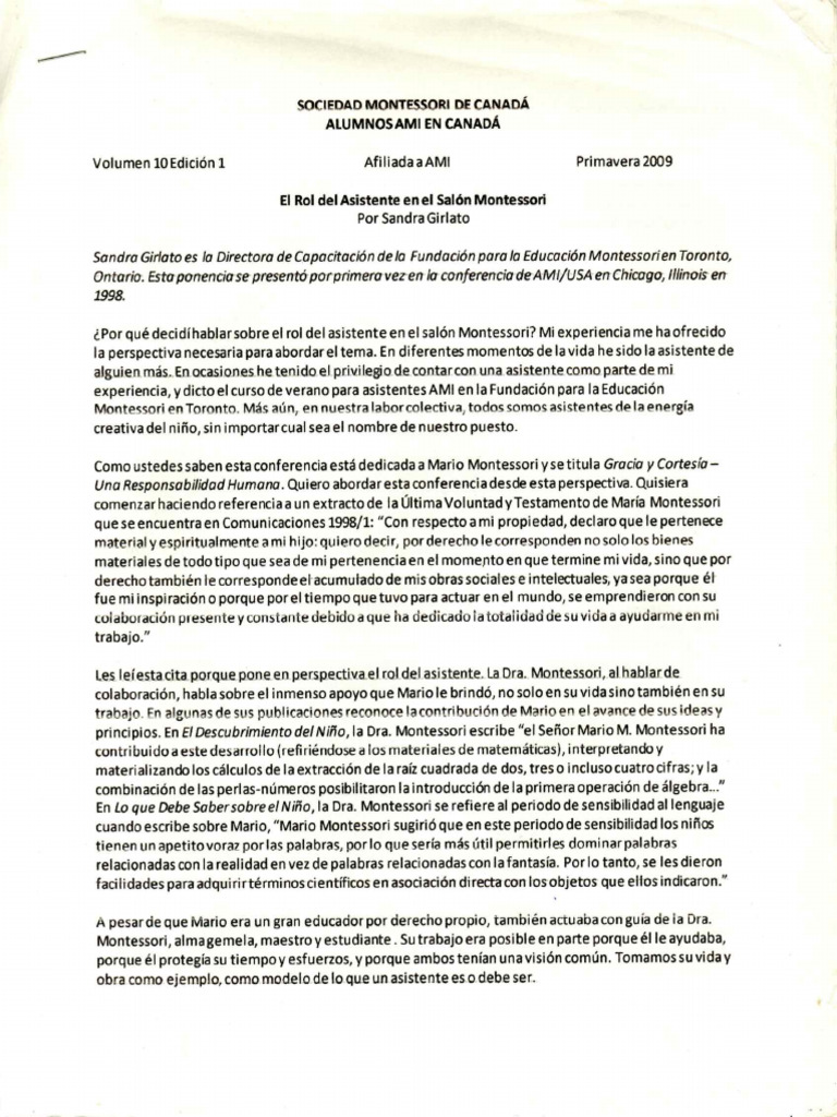 El Rol Del Asistente en El Salón Montessori | PDF