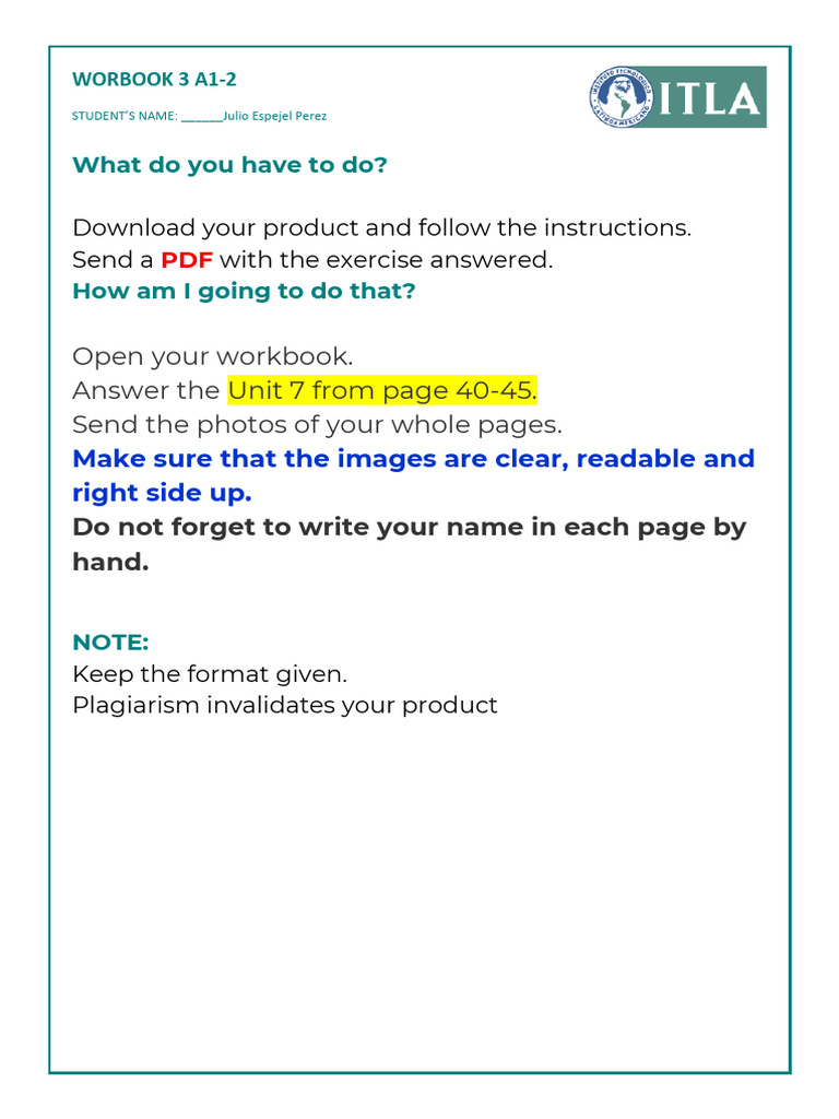 Unit 7 Workbook Instructions A1-2 | PDF