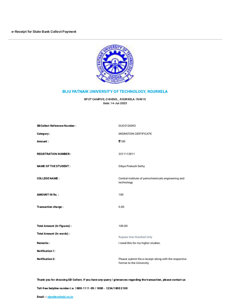 e-Receipt for BPUT Payment Confirmation | PDF