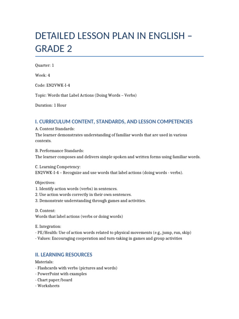 Grade 2 Verbs Lesson Plan | PDF | Learning | Paragraph