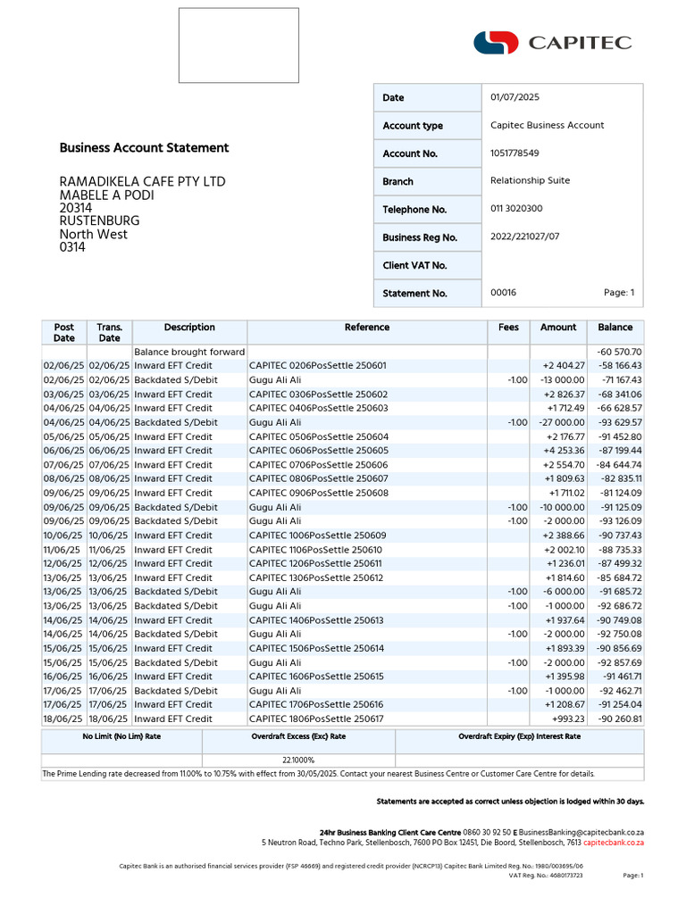 Capitec Business Account Statement | PDF | Debits And Credits ...