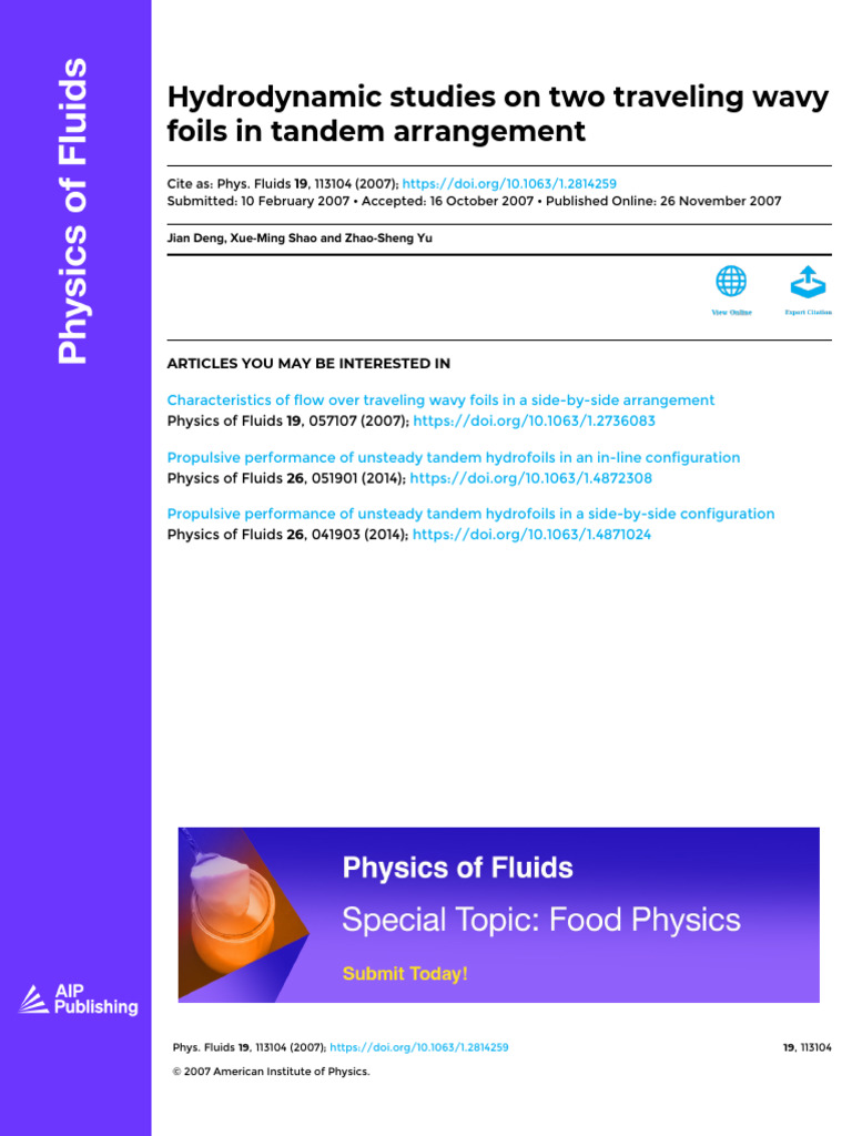 Hydrodynamics of Tandem Wavy Foils | PDF | Vortices | Fluid Dynamics