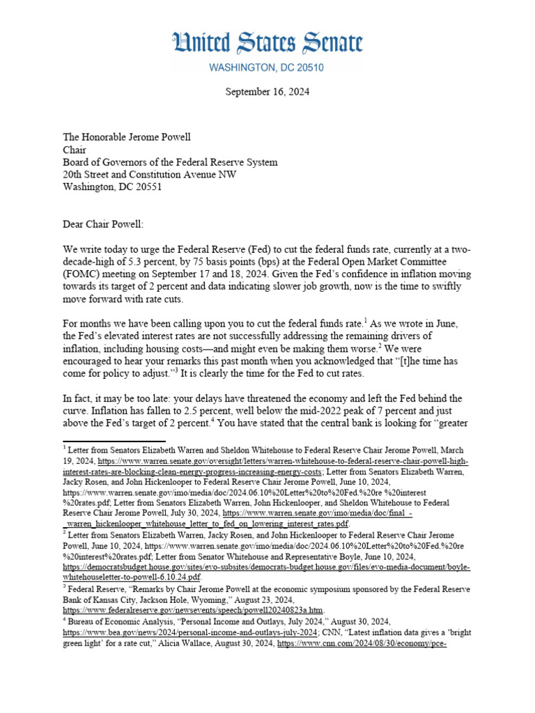 Warren Hickenlooper Whitehouse Letter To Fed Re September Rate Cut ...
