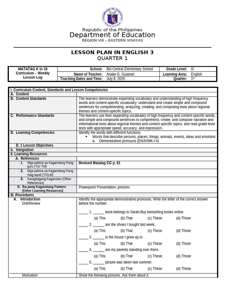 English 3 Lesson Plan: Demonstrative Pronouns | PDF | English Language ...