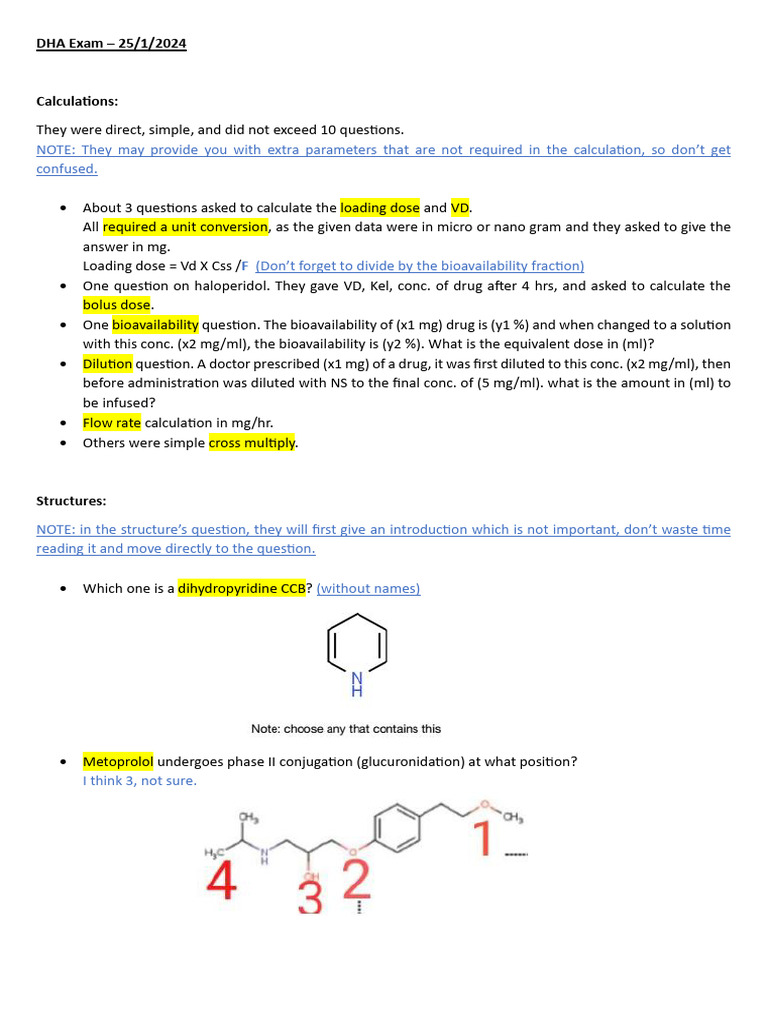 DHA Exam Review: Key Calculations & Questions | PDF | Medical ...