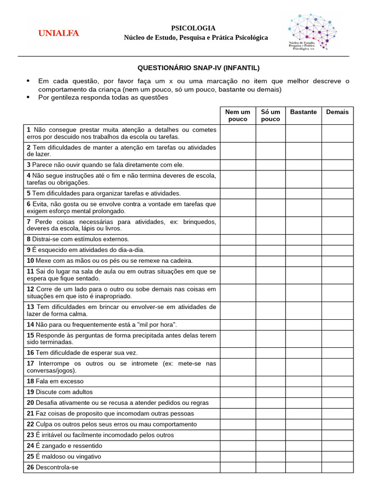 Questionário SNAP-IV para Comportamento Infantil | PDF
