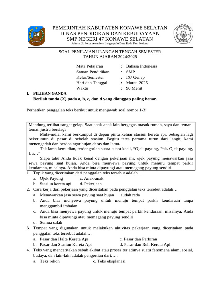 Soal UTS Bahasa Indonesia SMP Kelas IX | PDF