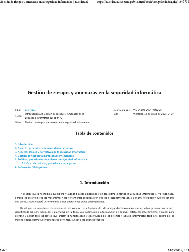 Gestión de Riesgos y Amenazas en La Seguridad Informática - Aulavirtual ...