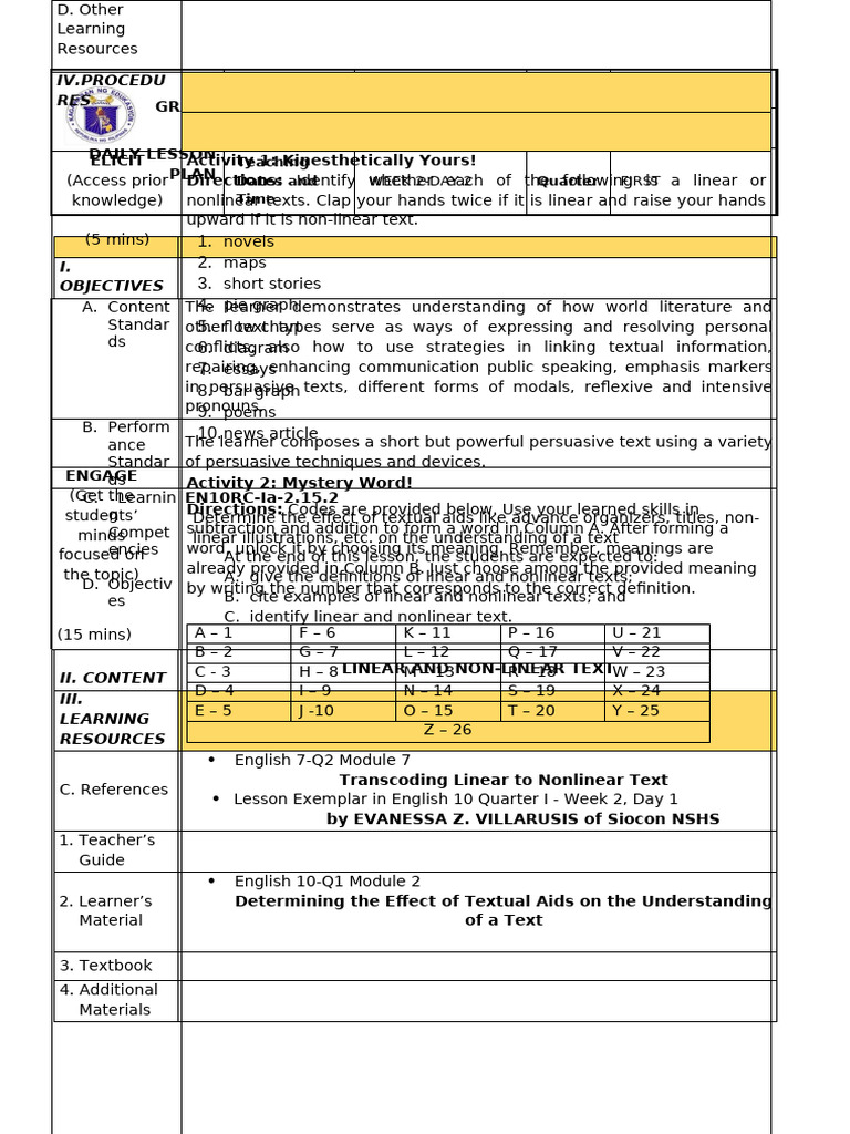 Grade 10 English Lesson Plan: Text Types | PDF | Learning | Human ...