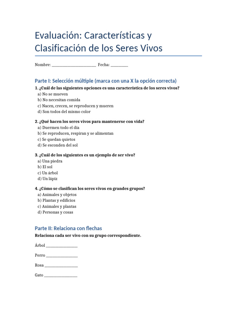 Evaluación de Seres Vivos para Cuarto Grado | PDF