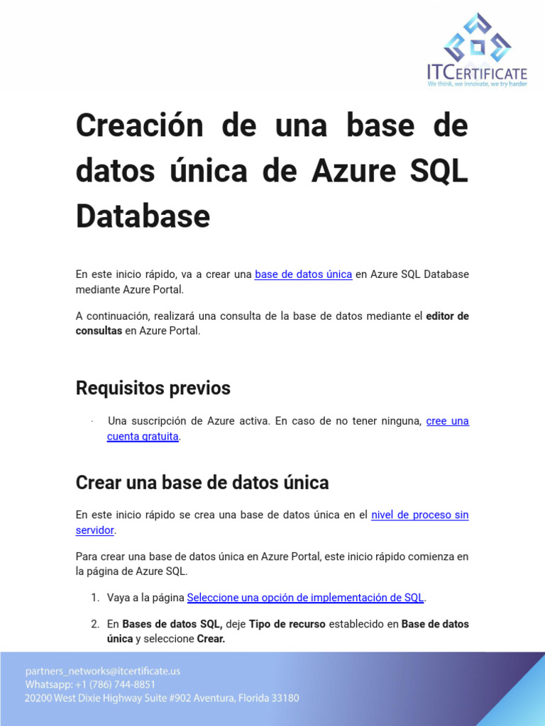 Crear base de datos única en Azure SQL | PDF | Bases de datos | SQL