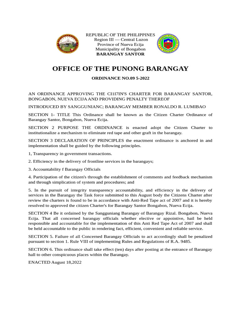 Citizen Charter Ordinance for Barangay Santor | PDF