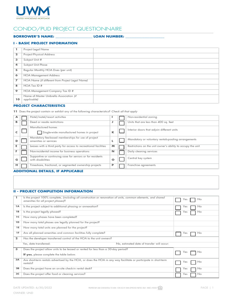Condo/PUD Project Questionnaire Form | PDF | Condominium | Foreclosure