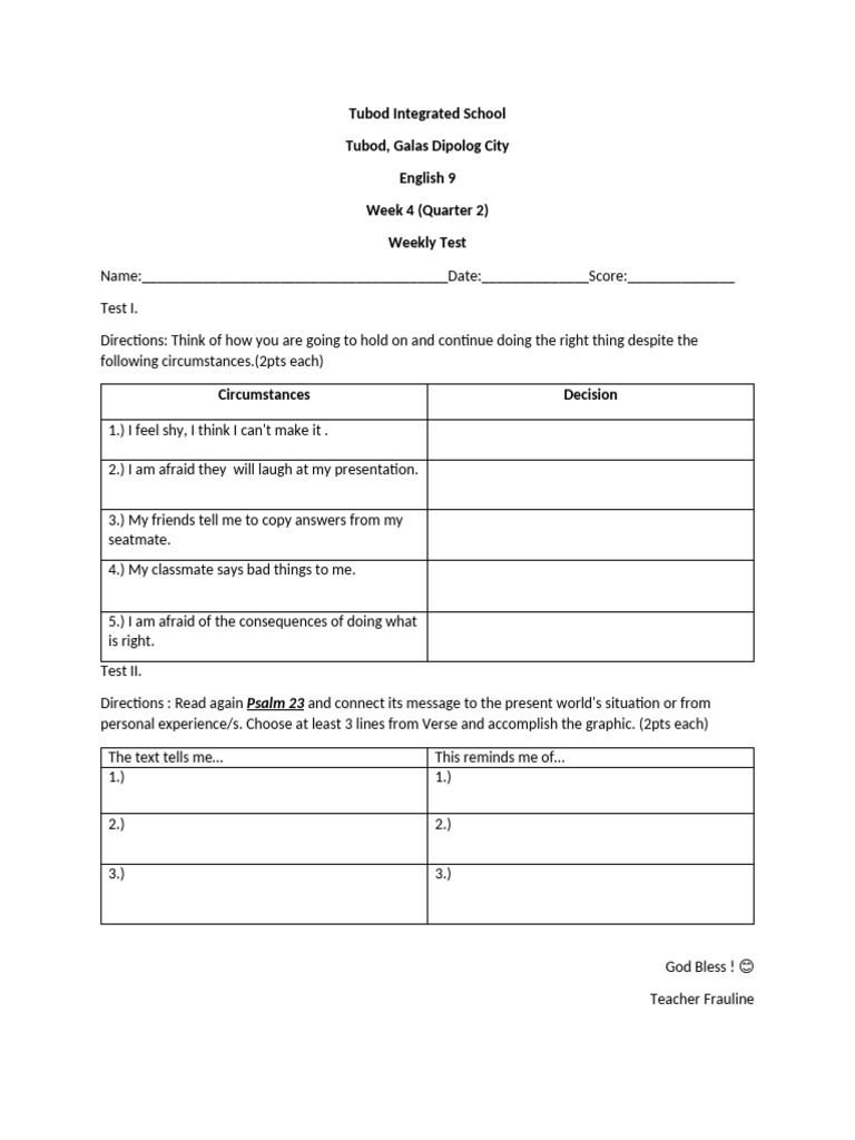 English 9 Weekly Test - Quarter 2 | PDF