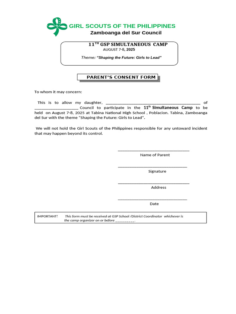 Parent Consent for GSP Camp 2025 | PDF