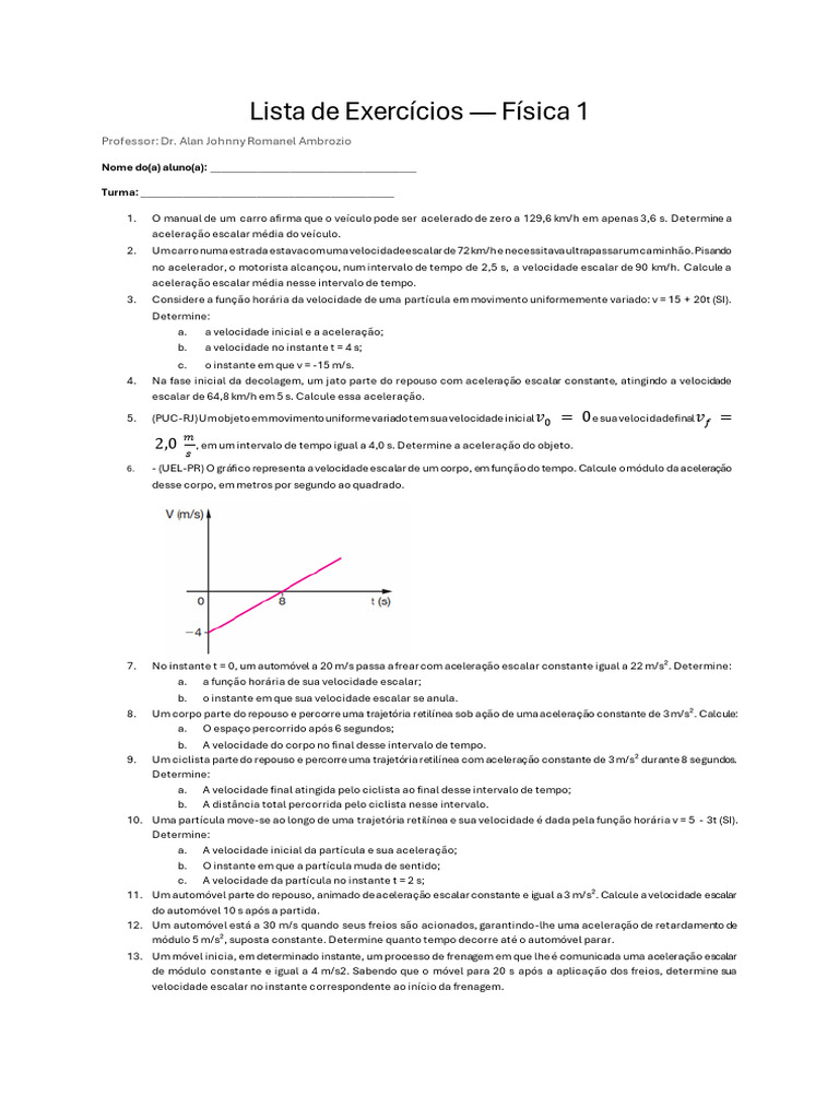 Exercícios de Física 1: Movimento e Aceleração | PDF | Velocidade ...