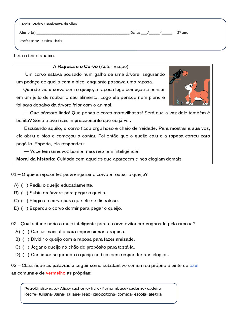Avaliação de Língua Portuguesa 3º Ano | PDF | Sílaba | Famílias ...