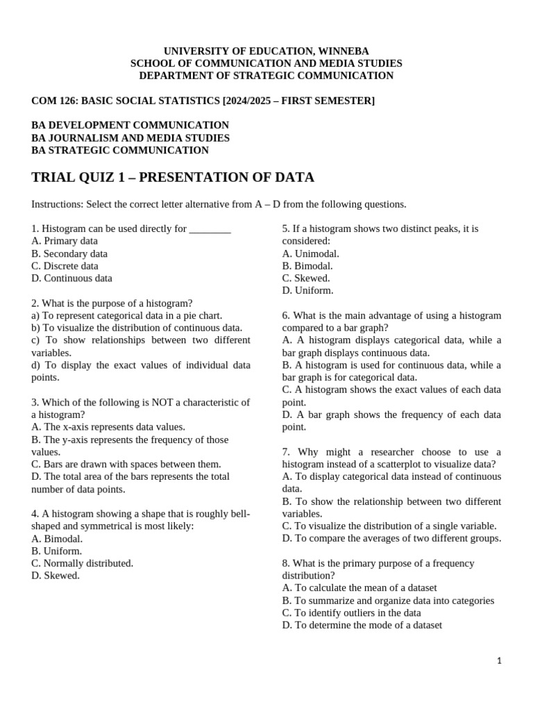 Basic Social Statistics Quiz - COM 126 | PDF | Histogram | Probability ...