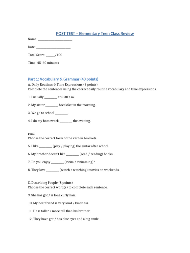 Post-Test EnglishCourse Elementary Teens | PDF | Linguistic Morphology ...
