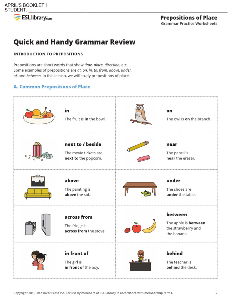 Prepositions of Place Worksheets | PDF | Plural